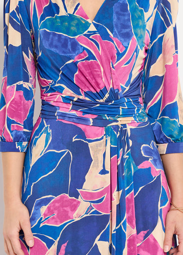 Robe cache-coeur courte motif floral évasée Bleu/Rose