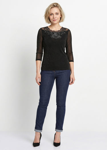 T-shirt manches 3/4 brodé brillant Noir