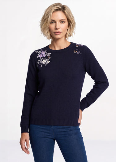 Pull doux uni brodé col rond manches longues Marine