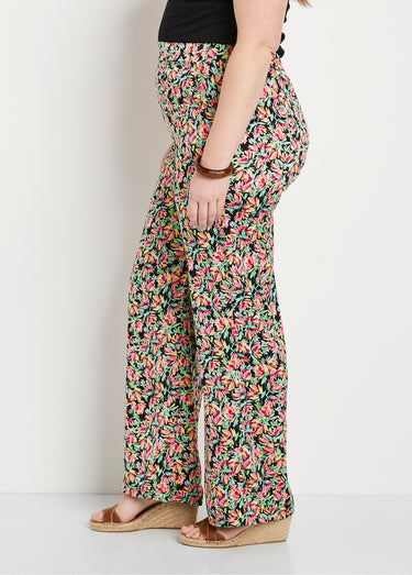 Pantalon taille semi-élastiquée satin fleuri Vert/Rose