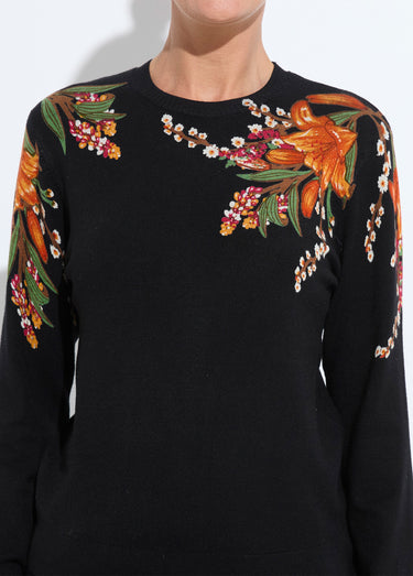 Pull chaud col rond imprimé floral manches longues Noir