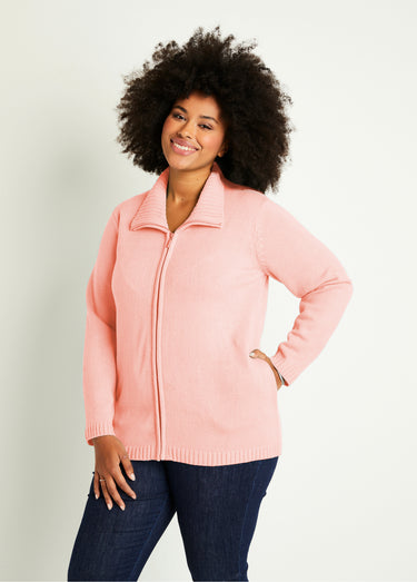 Gilet zippé long uni col montant Rose