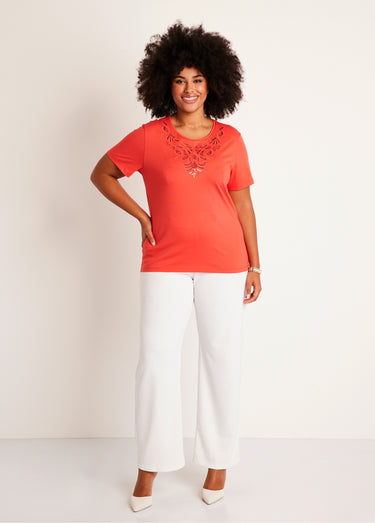 T-shirt court brodé manches courtes Orange