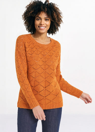Pull court ajouré col rond manches longues Caramel