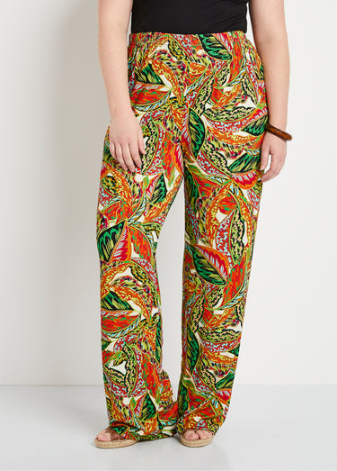 Pantalon ceinture élastiquée motif feuillage Vert/Rouge