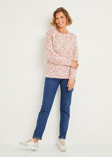 Pull chaud col rond maille fantaisie perlée Beige