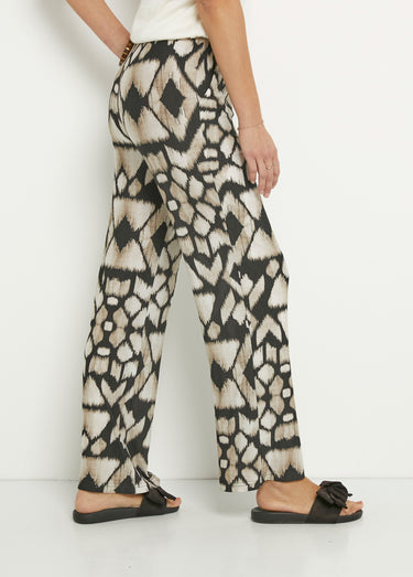 Pantalon large fluide imprimé ethnique Beige/Noir