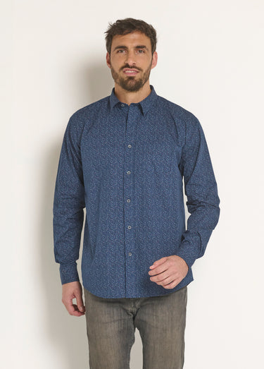 Chemise coton micro motif manches longues Marine