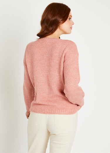 Pull court ample col rond grosse maille Rose Poudre