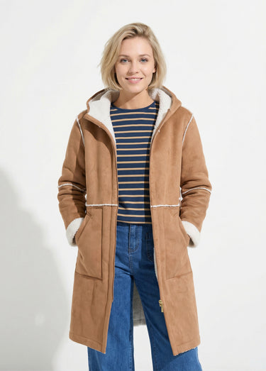 Manteau zippé à capuche effet peau lainée chaud Camel