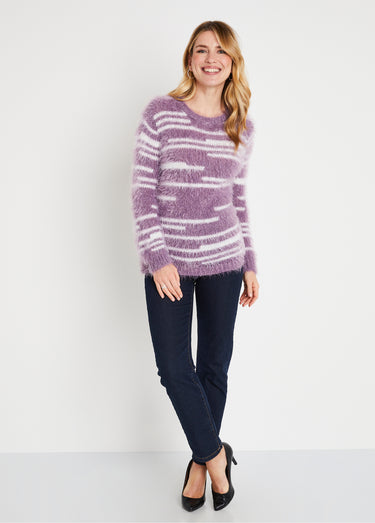 Pull maille douce effet poilu Parme/Ecru