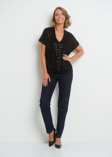 T-shirt col V en résille avec sequins Noir Uni
