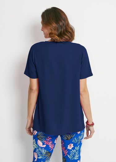 Tunique ample mi-longue en tissu crêpe Uni Marine