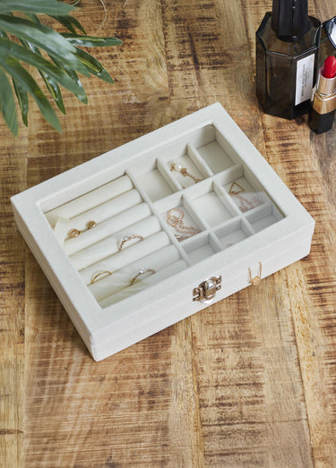 Boite à bijoux bois, couvercle verre 2F Creme