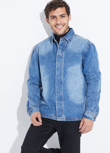Surchemise en jean délavé, denim épais Bleu