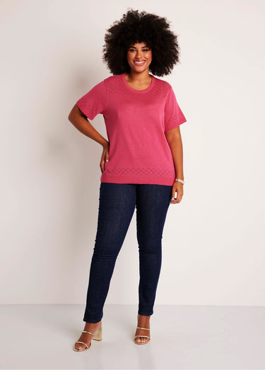 Pull fin manches courtes ajouré Rose