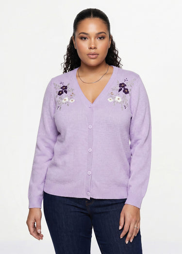 Gilet doux uni col V boutonné court brodé Lilas