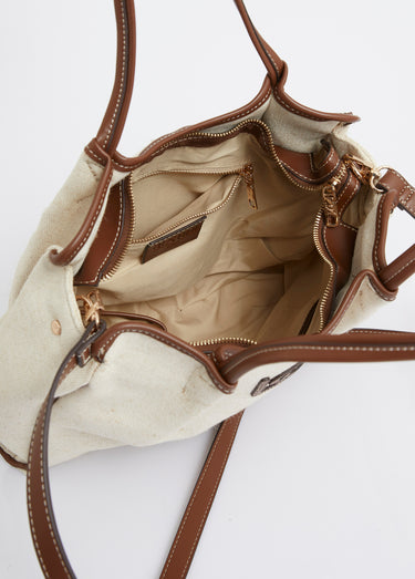 Sac shopping toile, détails simili cuir Ecru