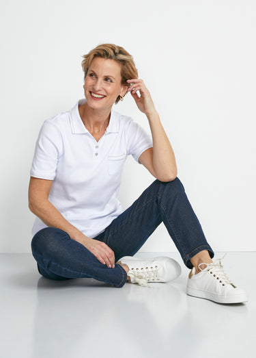 Tee-shirt col polo court maille Blanc