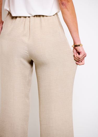 Pantalon large taille élastiquée aspect lin Beige