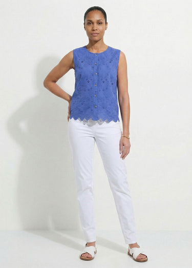Débardeur boutonné broderie anglaise coton Bleu