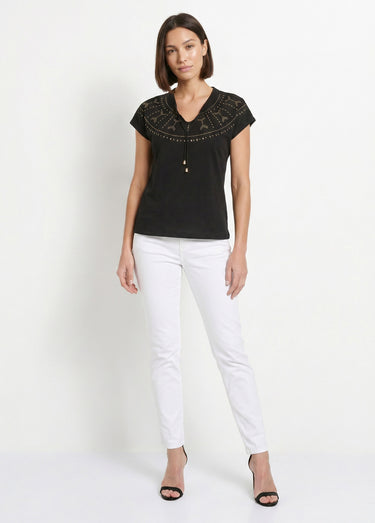 T-shirt court uni clouté maille flammée Noir