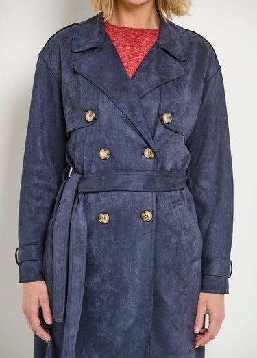 Trench long aspect suédine Bleu Marine