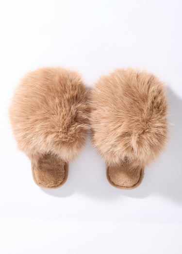 Mules en fausse fourrure longs poils Camel