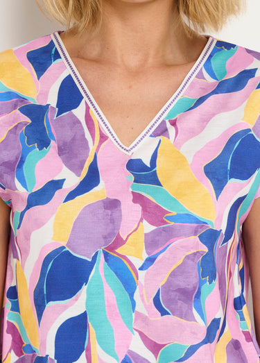 T-shirt court col V brillant imprimé Parme/Jaune
