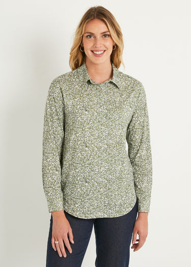 Chemisier droit coton fleuri boutonné Vert