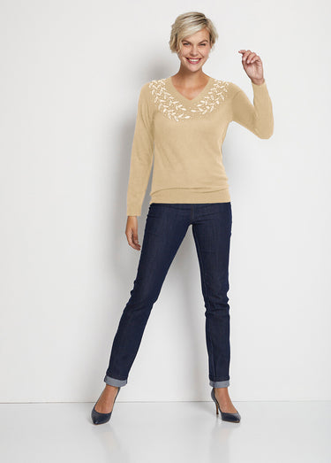 Pull col V strassé manches longues Beige