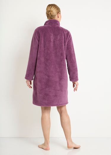 Peignoir court zippé col montant maille peluche Prune