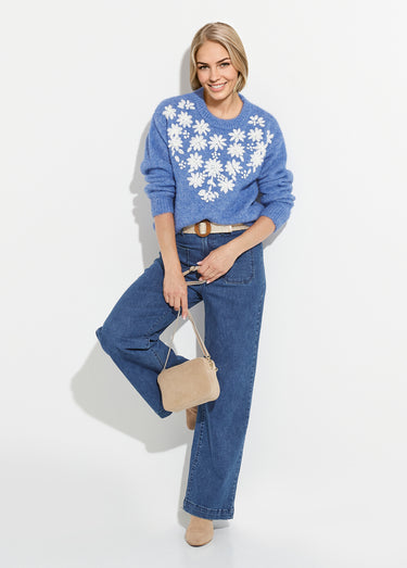 Pull moelleux col rond fleurs brodées Bleu