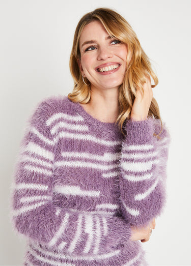 Pull maille douce effet poilu Parme/Ecru