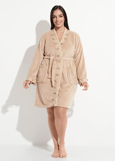 Robe de chambre polaire bord dentelle Taupe