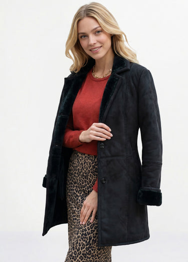 Manteau col tailleur façon peau lainée Noir