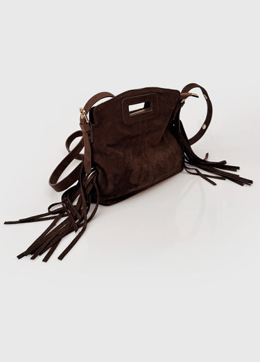 Sac bandoulière à franges, aspect suédé Chocolat