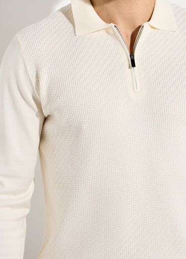Pull col polo zippé, maille chevrons Blanc