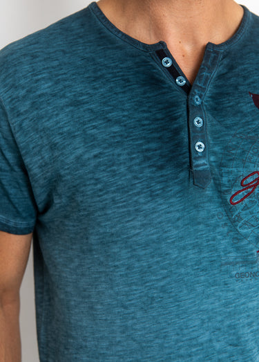 T-shirt col tunisien chiné avec motif Bleu