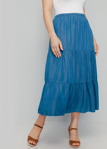 Jupe volantée  tissu viscose fluide Bleu Jean