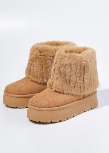 Boots compensées fausse fourrure Camel