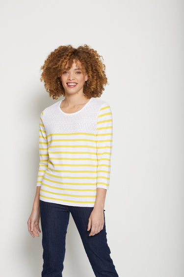 Pull rayé avec maille ajourée col rond Raye Jaune