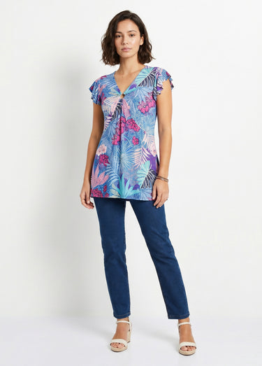 T-shirt long évasé col V drapé Bleu/Fuchsia