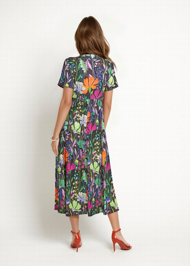 Robe longue fluide manches courtes, fleuri Imprime Fond Noir
