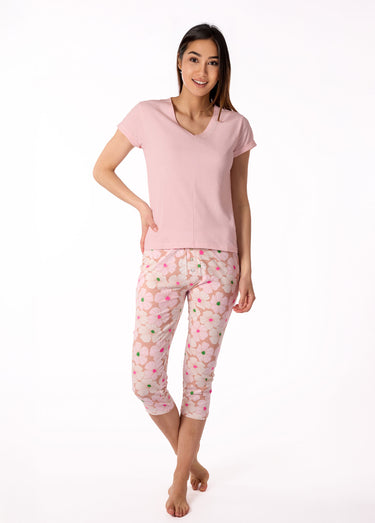 Pyjama fleuri manches courtes et corsaire Rose Clair/Imprime