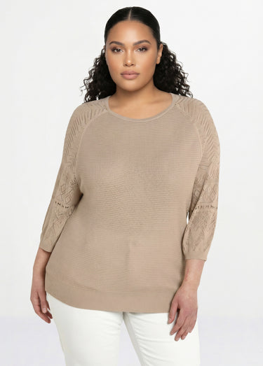 Pull léger manches 3/4 raglan col rond Beige