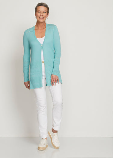 Gilet mi-long 1 bouton maille fantaisie Aqua