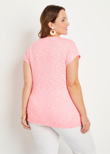 T-shirt col V fluo en maille flammée Rose