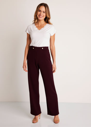 Pantalon large uni taille semi élastiquée Prune