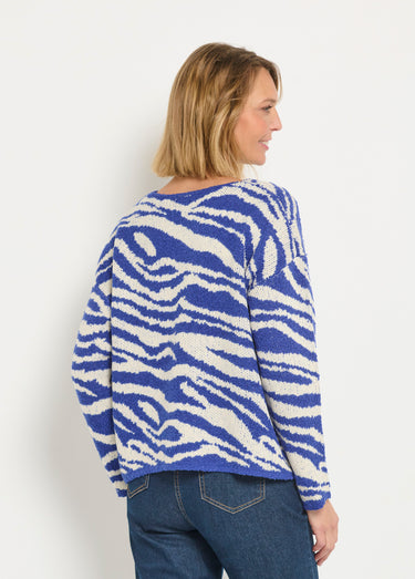 Pull col V maille mousseuse motif zèbre Bleu / Blanc
